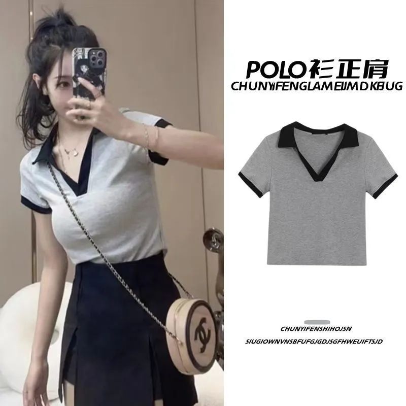 Polo shirt short-sleeved shoulder T-shirt women's ice silk knitted short top niche design sense summer ins hot girl chic