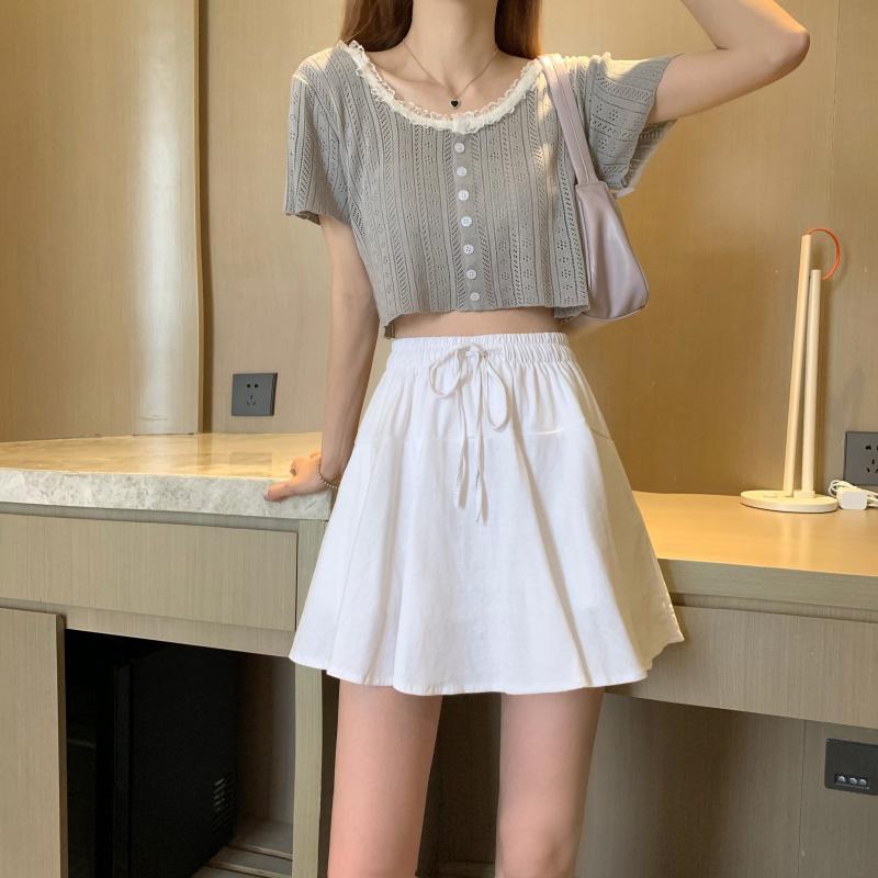 韩国chic复古系带高腰显瘦气质半身裙女夏季新款别致设计纯色长裙