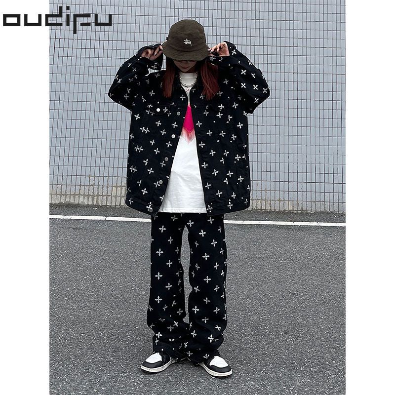 OUDIFU niche design sense cross jacket pants suit men and women American trend street loose denim jacket