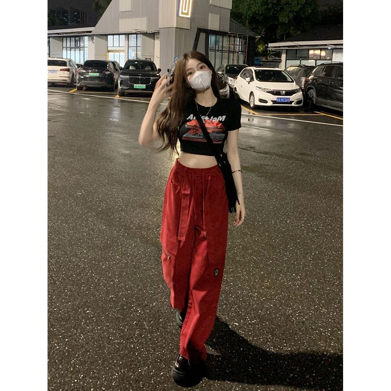 145 short xs size high waist American red casual pants women's summer new straight loose tooling wide leg pants