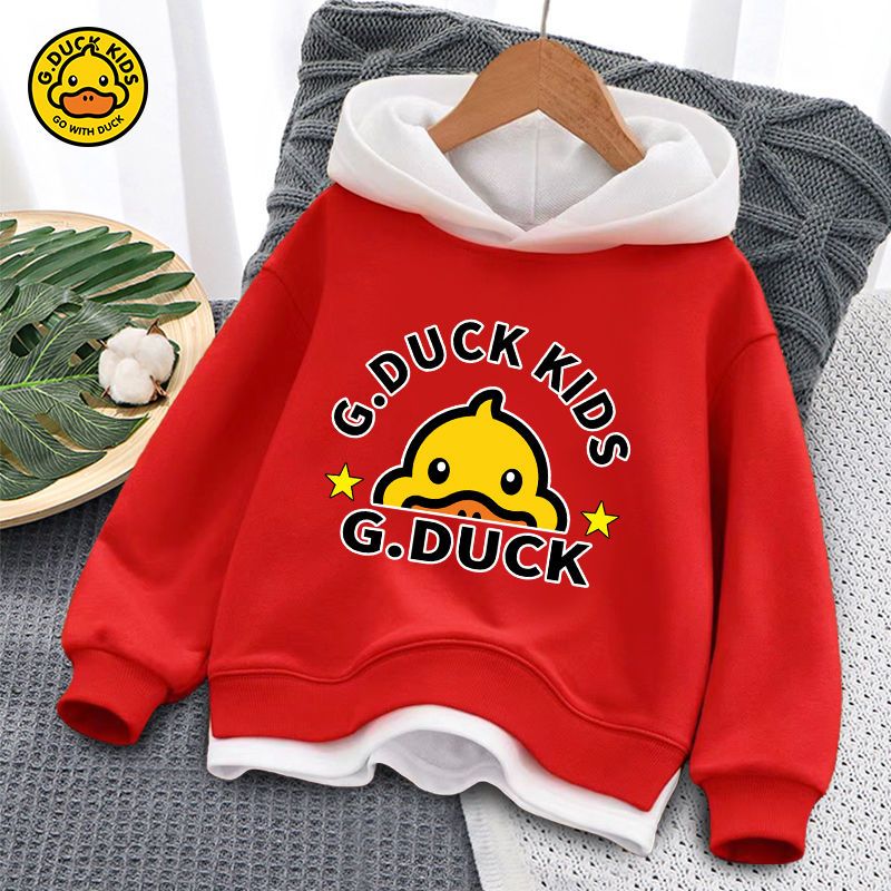Little yellow duck children's autumn clothes 2022 new sweater middle and big children's fashion boys and girls contrast color hooded children's clothing top tide