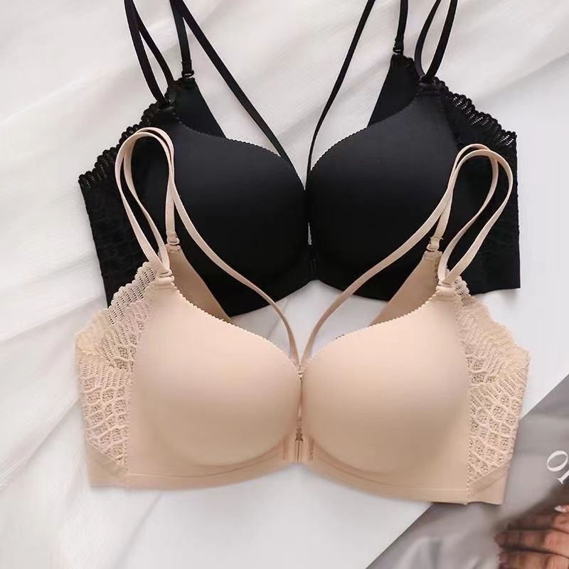 Japanese beauty back front buckle bra set no steel ring underwear women's small breasts show big thickened flat chest seamless push-up bra