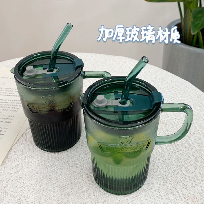 墨绿吸管杯带把手加厚高颜值水杯大容量浮雕玻璃杯ins风咖啡杯