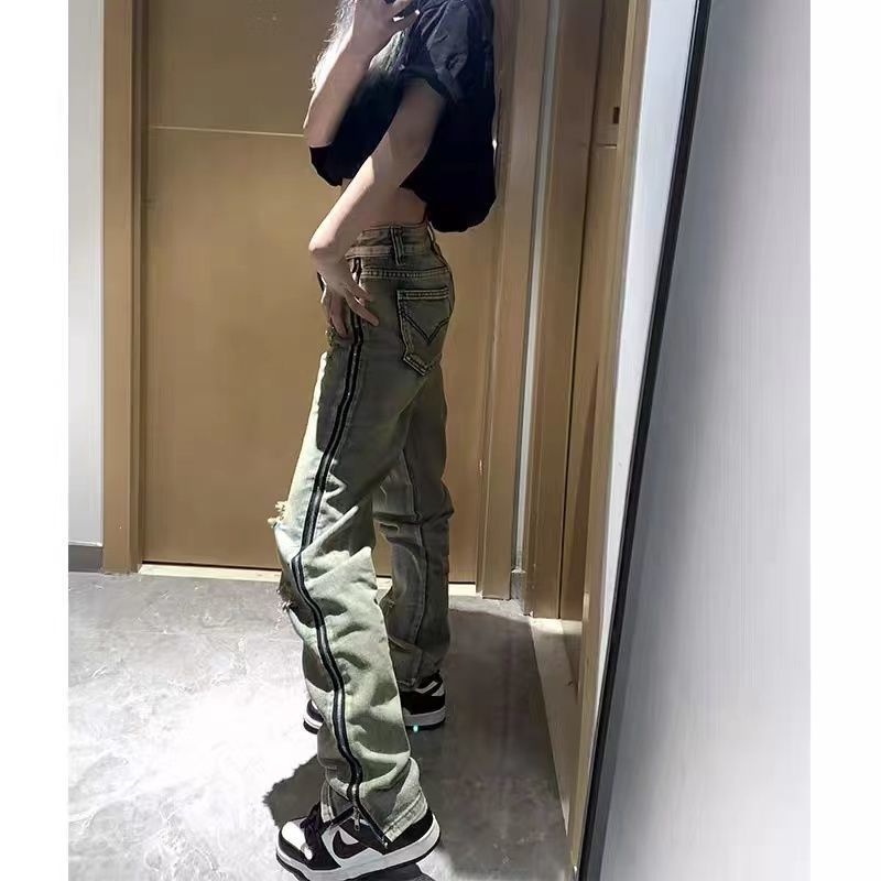 美式vibe風水洗做舊復古破洞側邊拉鏈拼接直筒牛仔褲子高街ins潮
