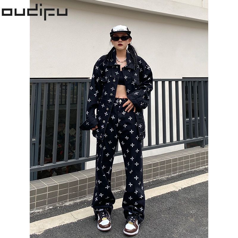 OUDIFU Internet celebrity fried street jeans two-piece suit female can be salty and sweet loose high-end fashion student suit