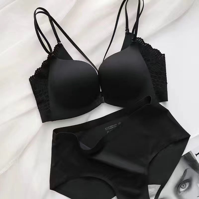 Japanese beauty back front buckle bra set no steel ring underwear women's small breasts show big thickened flat chest seamless push-up bra