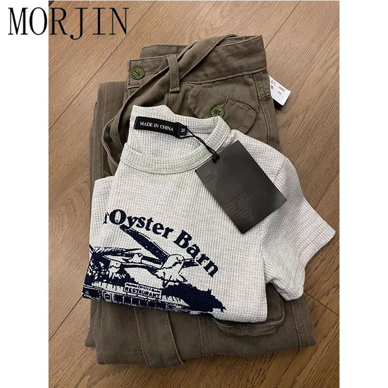 MORJIN American hot girl print round neck short-sleeved T-shirt women's summer pure desire wind self-cultivation slim short top tide