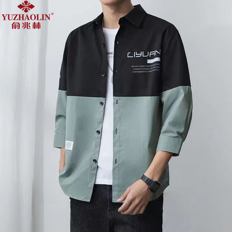 Yu Zhaolin three-quarter-sleeve shirt boys splicing jacket men's summer mid-sleeve shirt loose top men's ruffian handsome trend