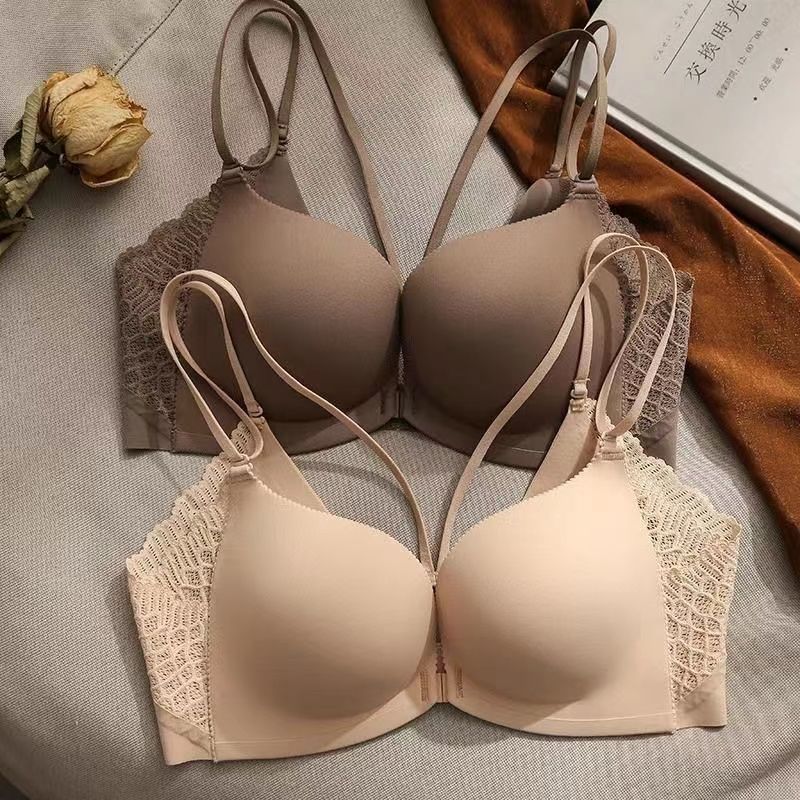 Japanese beauty back front buckle bra set no steel ring underwear women's small breasts show big thickened flat chest seamless push-up bra