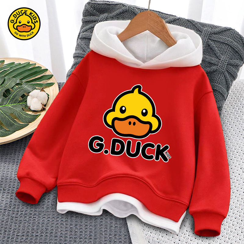 Little yellow duck children's autumn clothes 2022 new sweater middle and big children's fashion boys and girls contrast color hooded children's clothing top tide
