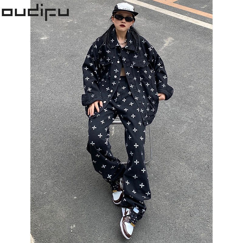 OUDIFU Internet celebrity fried street jeans two-piece suit female can be salty and sweet loose high-end fashion student suit