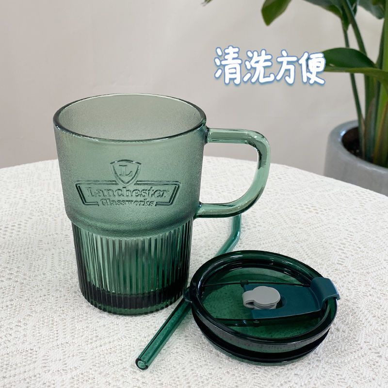 墨绿吸管杯带把手加厚高颜值水杯大容量浮雕玻璃杯ins风咖啡杯