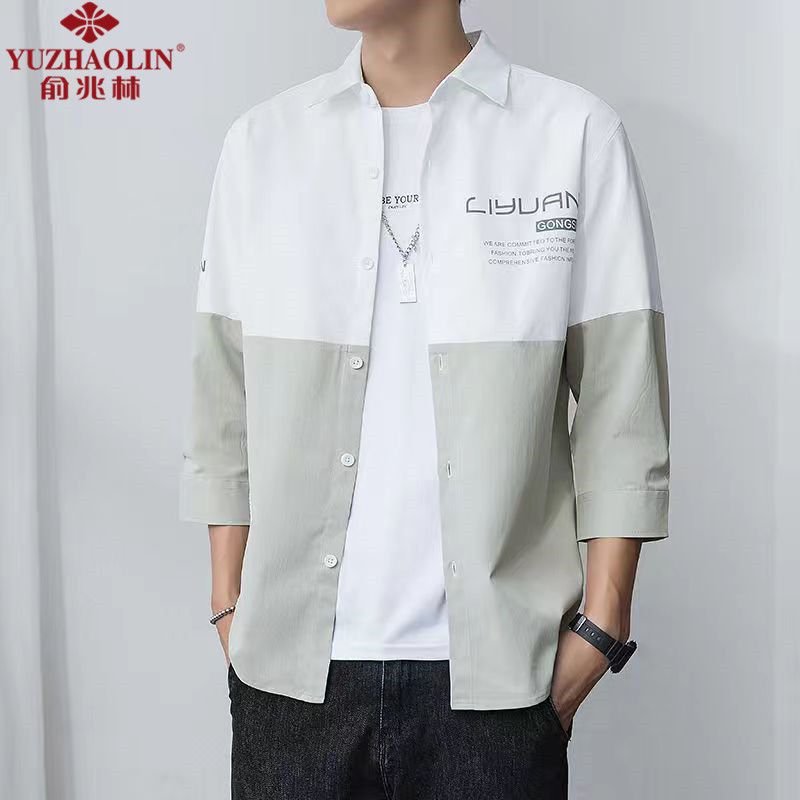 Yu Zhaolin three-quarter-sleeve shirt boys splicing jacket men's summer mid-sleeve shirt loose top men's ruffian handsome trend