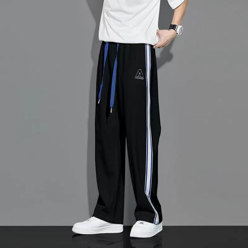 夏季直筒休閒衛褲男潮牌ins潮流寬鬆港風垂感條紋薄款百搭闊腿褲