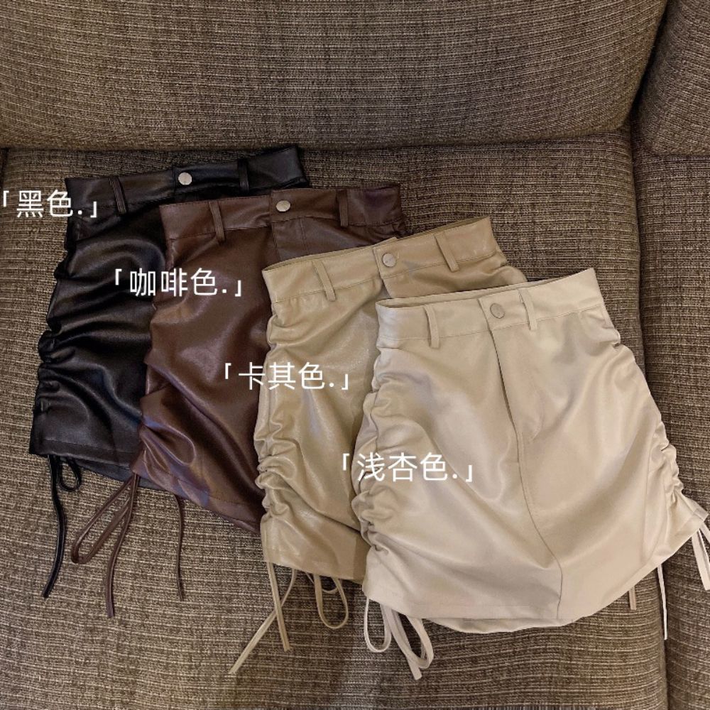 Spicy Girl PU Leather Half Skirt Women's High Waist Slim Drawstring Pleated Wrapped Hip Short Skirt Autumn/Winter Temperament Black Lace Up Skirt