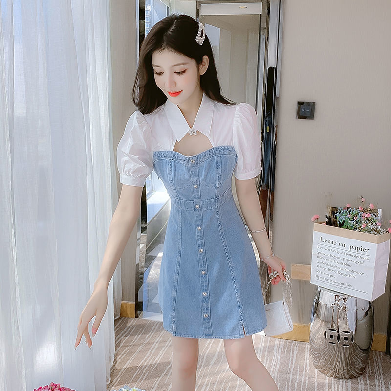 減齡氣質假兩件牛仔連衣裙女夏季薄款大碼收腰顯瘦時髦背帶短裙子