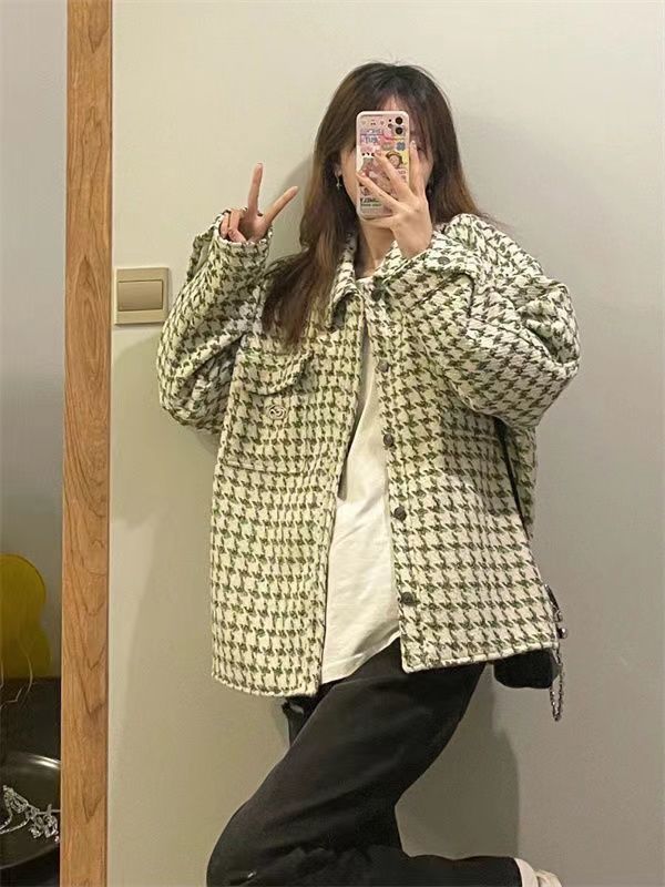Korean fashion high street polo collar houndstooth jacket female spring and autumn new woven small fragrance jacket tooling top