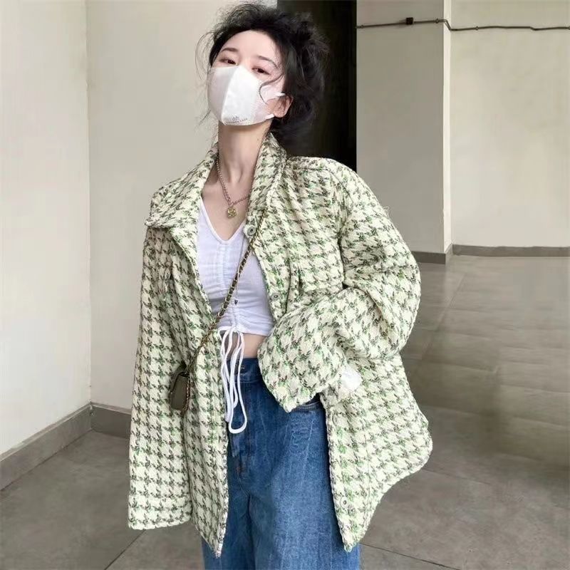 Korean fashion high street polo collar houndstooth jacket female spring and autumn new woven small fragrance jacket tooling top