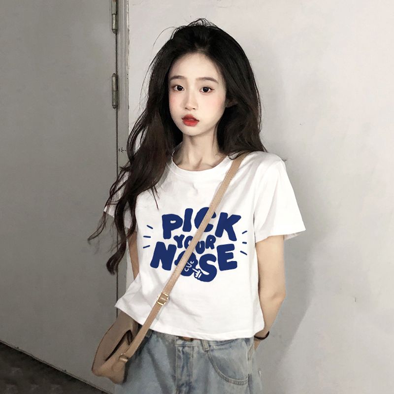 白色短款上衣女夏季今年流行高腰顯瘦ins美式復古正肩短袖t恤純棉