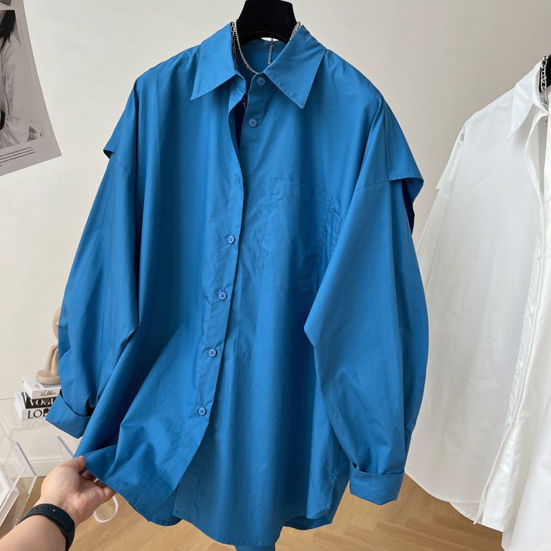 Design sense niche lazy wind loose long-sleeved shirt women's spring and autumn windbreaker-style fake two-piece jacket high-end top [shipped within 15 days]