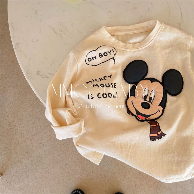 儿童T恤秋新男女童卡通老鼠贴布纯棉长袖宝宝套头打底衫