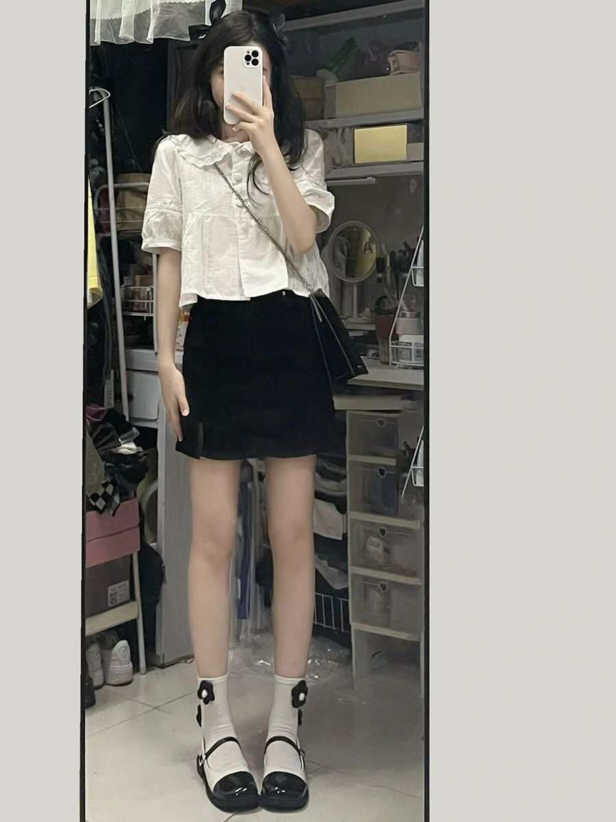 Doll collar shirt women's summer thin section design sense niche white foreign style shirt short section unique chic small top