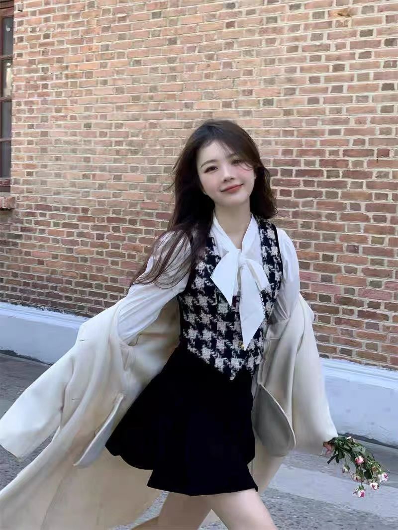 2023套裝秋新韓版學院風甜美時尚套裝百搭襯衣疊穿馬甲高腰半身裙