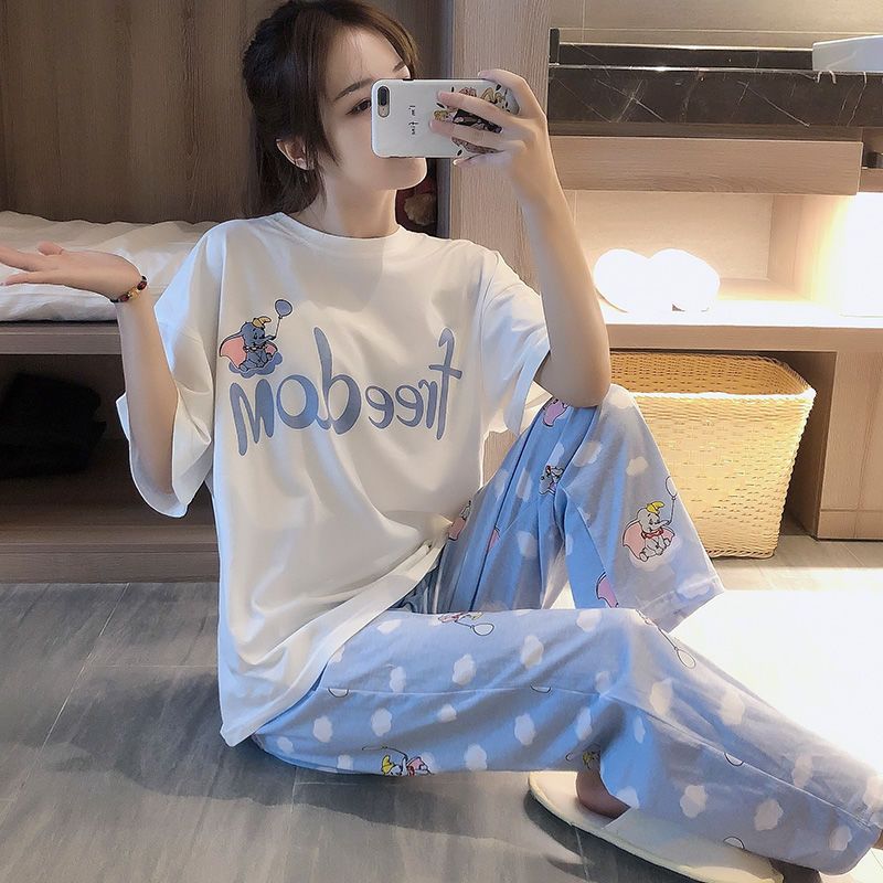 100% cotton pajamas women's summer short-sleeved trousers two-piece set mother and lady cotton home service spring and autumn loose