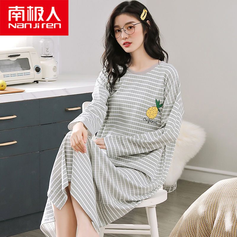 Nanjiren nightdress women's spring and autumn pure cotton long-sleeved autumn and winter pajamas cute long dress plus size pregnant women home service