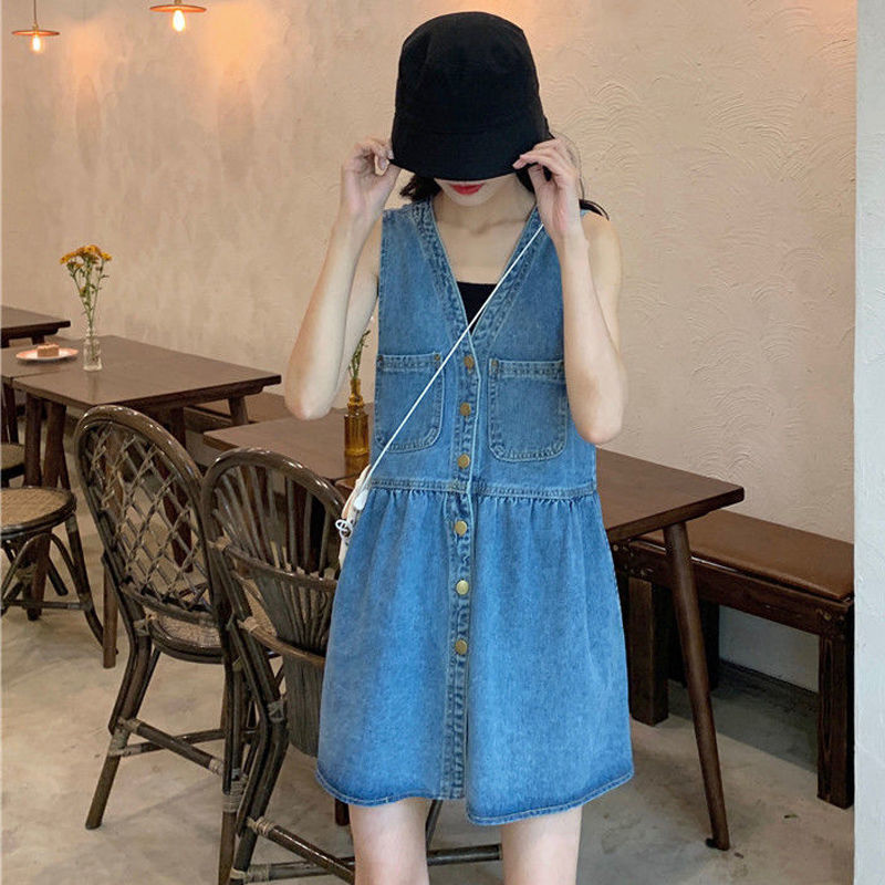 French retro small denim strap skirt women's summer  new all-match slim V-neck small dress