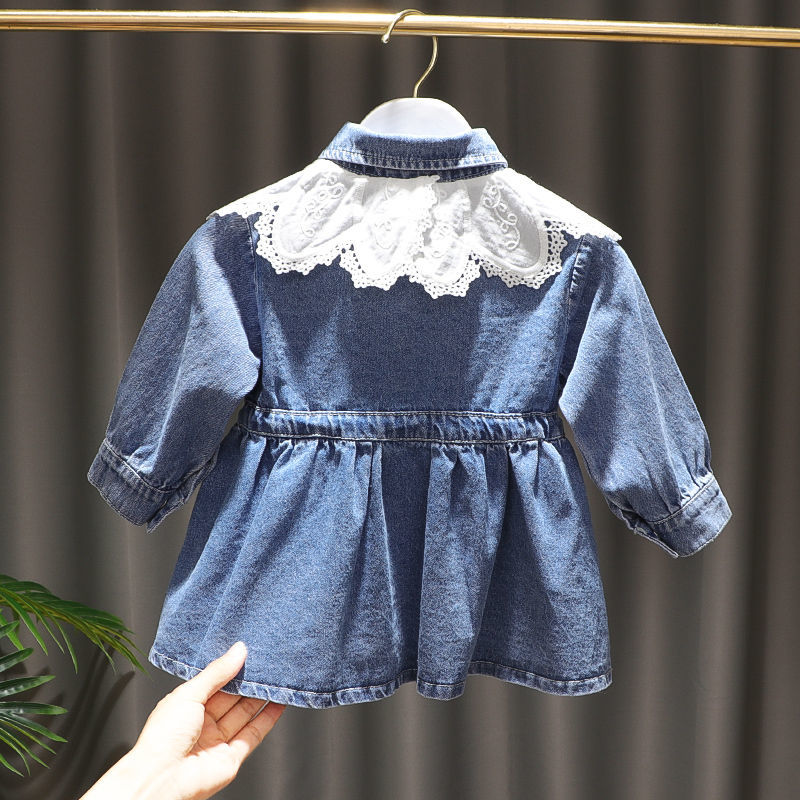Girls Western Style Washed Denim Waist Dress Autumn Dress 1-4 Years Old Baby Hepburn Denim Jacket