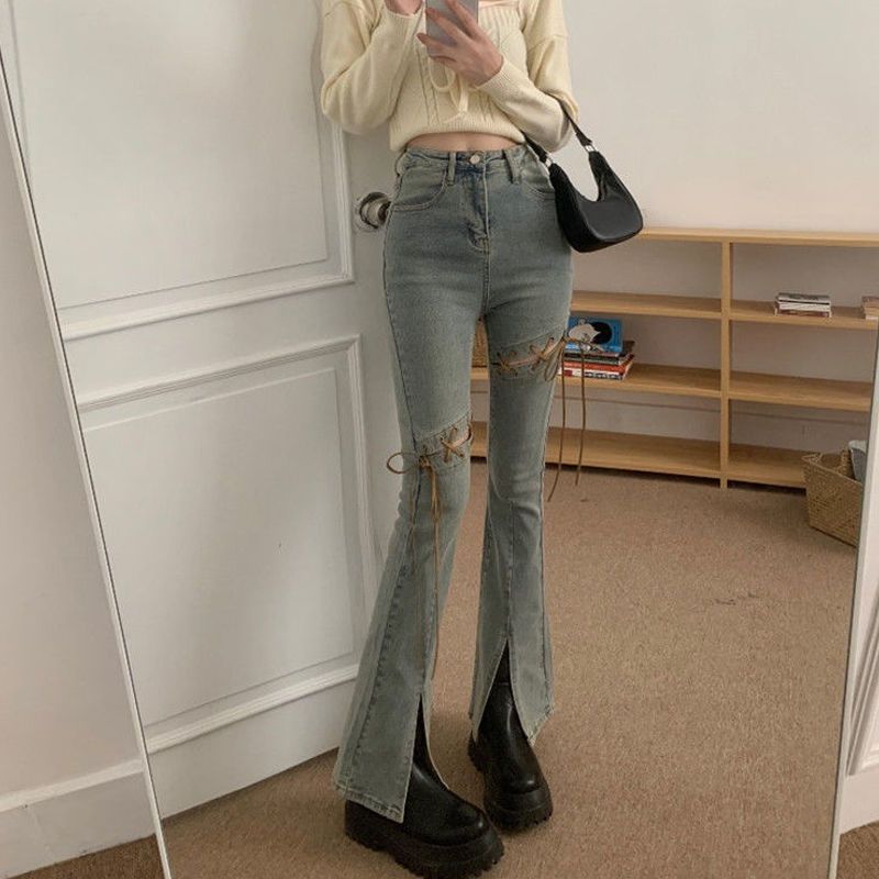 Short xs size hot girl strappy high waist micro-launched jeans women's summer slim slim slit trousers trendy