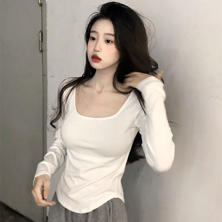 純欲風方領長袖T恤女裝韓版夏季新款白色修身顯瘦內搭打底上衣潮