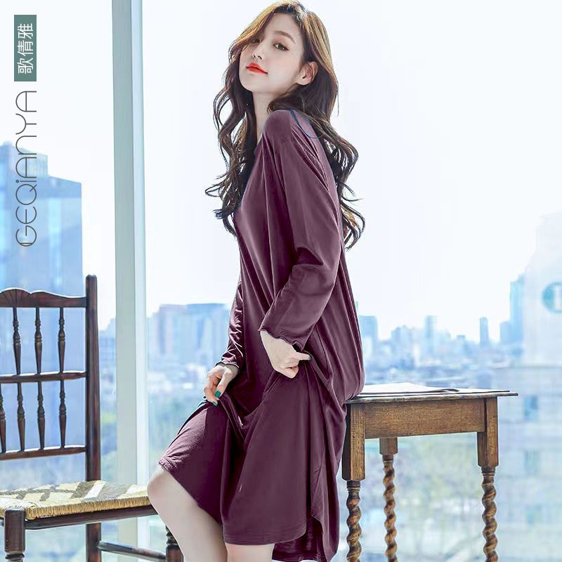 Geqianya modal cotton pajamas women's spring, summer and autumn long sleeves with chest pads can be worn outside nightdress thin section mid-length over the knee