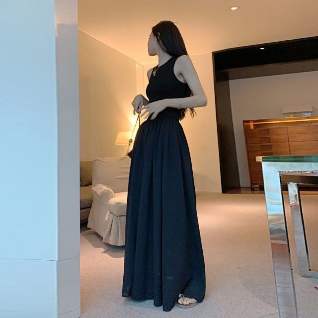 Cold style high-end black vest dress women's summer  new temperament slim slim sleeveless skirt