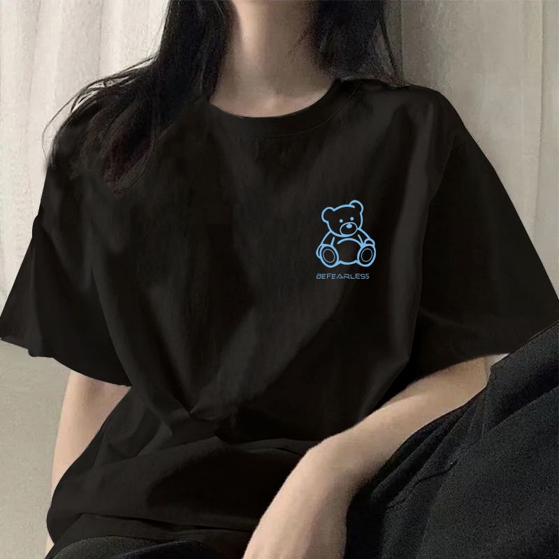 夏季純棉短袖黑色t恤女2023新款韓版寬鬆ins半袖正肩胖mm百搭上衣