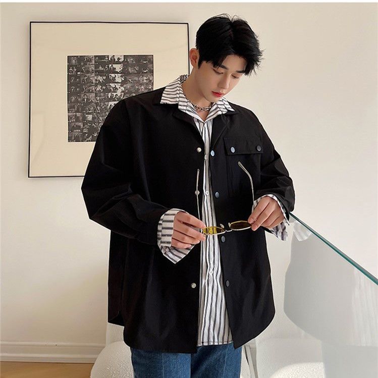 Fake two pieces of men's trendy brand youth popular handsome shirt top high-quality striped stitching Korean style jacket trendy