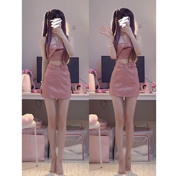 【兩件套裝】純欲風辣妹粉色短款抹胸背心女+高腰顯瘦包臀皮短裙