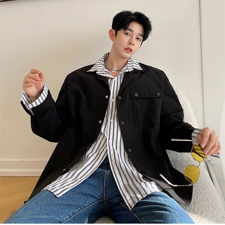 Fake two pieces of men's trendy brand youth popular handsome shirt top high-quality striped stitching Korean style jacket trendy