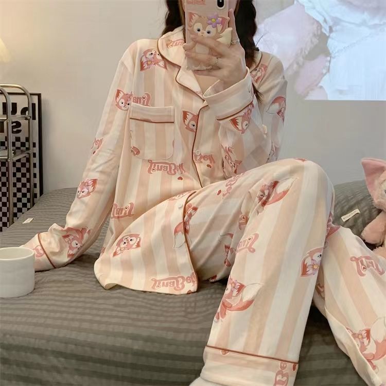 Lingna Belle pajamas women's spring and summer thin ice silk long-sleeved ins wind Japanese students cute autumn two-piece set