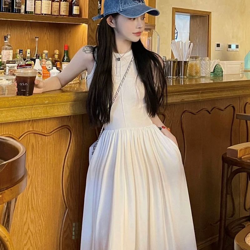 White stitching vest dress fairy summer cold wind sleeveless high-quality waist a-line mid-length skirt