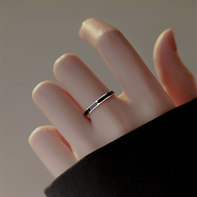 925纯银黑色戒指女中性小众设计开口戒个性冷淡风食指戒新款