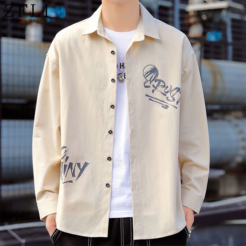 青少年长袖衬衫男春秋季薄款外套宽松港风设计感印花休闲衬衣外套