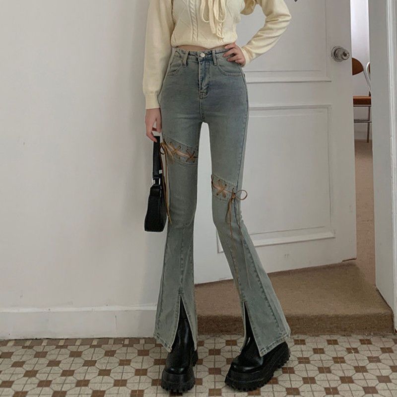 Short xs size hot girl strappy high waist micro-launched jeans women's summer slim slim slit trousers trendy