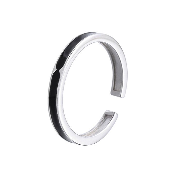925纯银黑色戒指女中性小众设计开口戒个性冷淡风食指戒新款