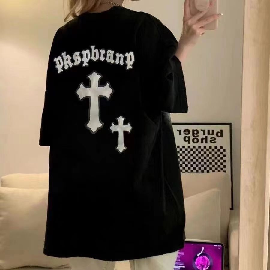 100%純棉短袖T恤女夏季新款國潮百搭寬鬆設計感小眾十字架上衣服