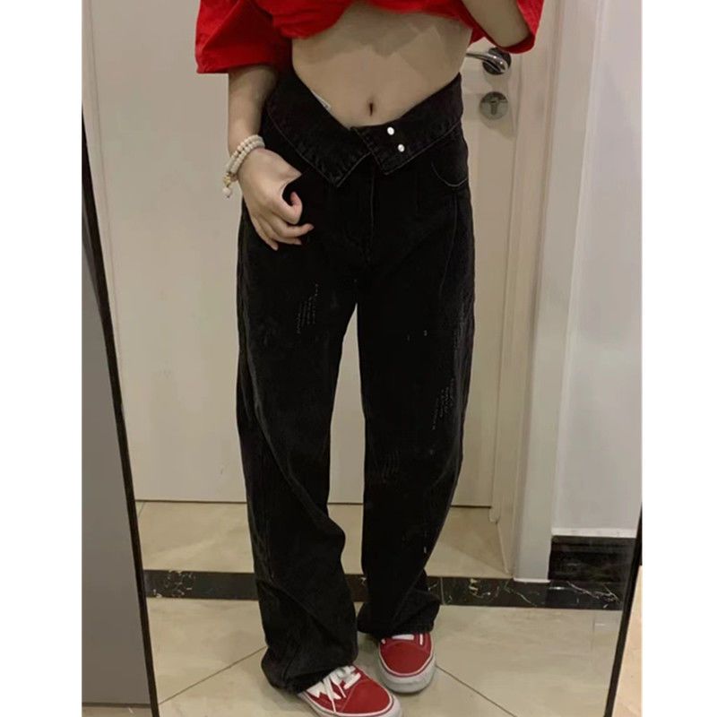 Black washed retro wide-leg jeans women's  spring new bf high waist thin loose straight pants