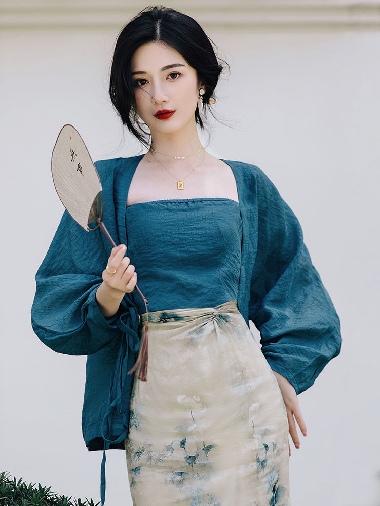 國風復古改良宋制抹胸漢服女仙氣包臀裙防曬衫日常新中式三件套裝