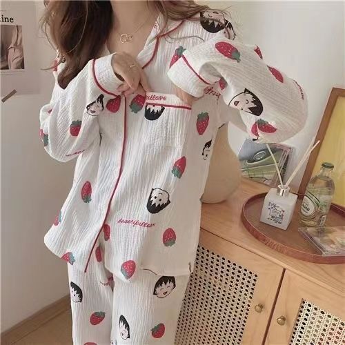 Bubble wrinkle pajamas girls spring and summer students Japanese cute small balls long-sleeved home clothes set can be worn outside in autumn