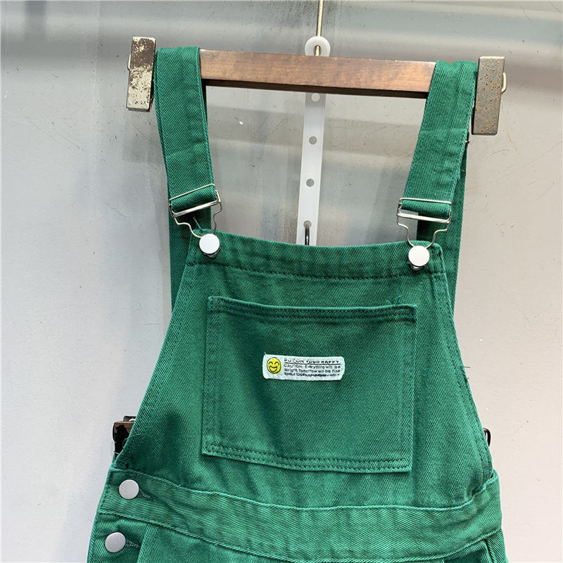 Western-style patch cloth age-reducing pocket green denim overalls loose wide-leg straight-leg trousers trousers suspender jumpsuit trendy [shipped within 15 days]